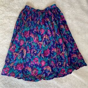 Vtg 90s Midi Jewel Tone Floral Skirt Stretch Waist Cottagecore Grandma Size S/M
